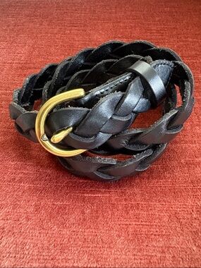 Fossil Genuine Leather Braided Black Belt with Brass Buckle OSFM adjustable